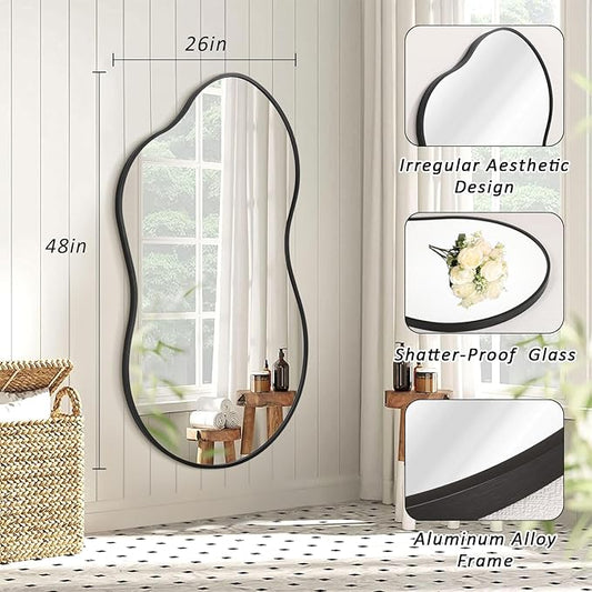 JJUUYOU Irregular Wall Mirror Black Metal Framed Decorative Asymmetrical Bathroom Mirrors Large 26"x47" for Living Room Bedroom Entryway Hanging Home Decor