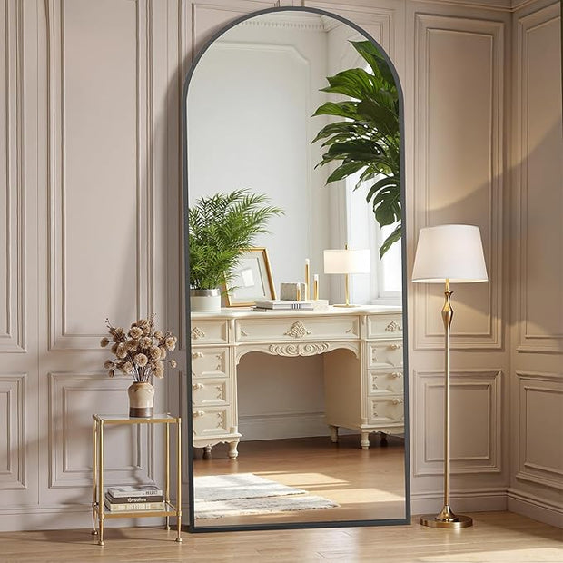 OLIXIS Arched Full Length Black Mirror 64"x 21.5" for Bedroom, Full Body Mirror with Stand, Hanging or Leaning for Wall, Aluminum Alloy Thin Frame Floor Standing for Living Room, Long