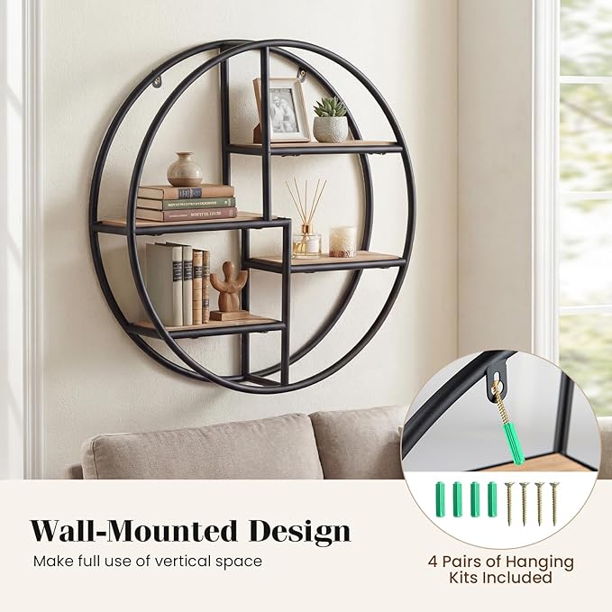 Giantex Industrial Style Round Wall Shelves, 4-Tier Decorative Circle Metal and Wood Wall Shelf for Display & Storage, Modern Geometric Wall Mounted Display Organizer for Living Room, Bedroom, Study