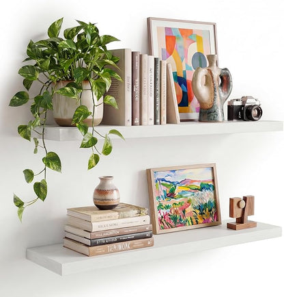 INHABIT UNION White Floating Shelves Set of 2, 35.43in Wall Mounted Display Ledge Shelves for Bedroom Bathroom Living Room and Kitchen Decoration Storage