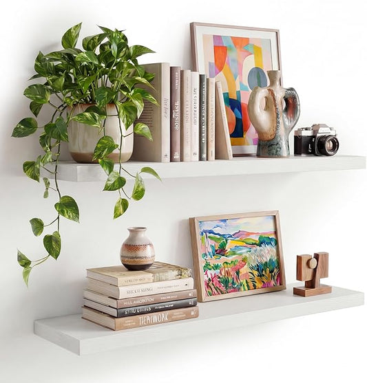 INHABIT UNION White Floating Shelves Set of 2, 35.43in Wall Mounted Display Ledge Shelves for Bedroom Bathroom Living Room and Kitchen Decoration Storage