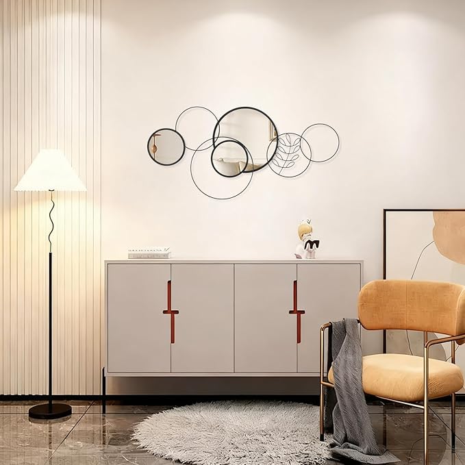 4 PCS Round Wall Mirror,Black Metal Framed Circle Mirror Set Modern Decorative Mirrors for Living Room Bedroom Entryway Bathroom 16x32 Inch Home Decor