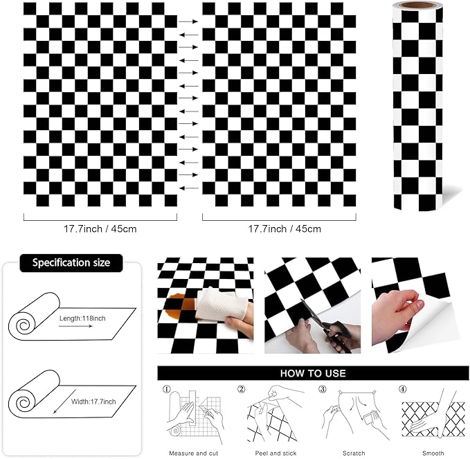 Modern Peel and Stick Wallpaper Black and White Mosaic Checkered Contact Paper 17.7
