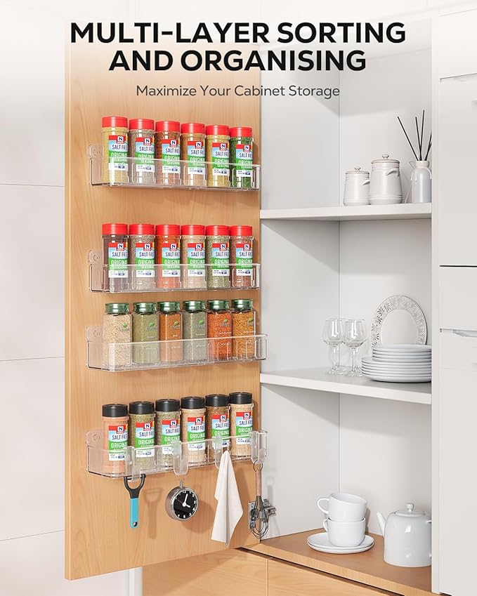 Nieifi Spice Rack Wall Mount, 4 Pack, Clear, Screw or Adhesive Installation, Spice Rack Organizer for Your Kitchen Cabinet or Pantry Door
