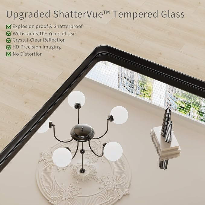Koonmi Black Bathroom Mirror for Wall, 30x71 Inch Matte Metal Deep Framed Rounded Corner Wall Mirror, Shatterproof Tempered Glass for Farmhouse Bedroom Entryway, Vertically or Horizontally
