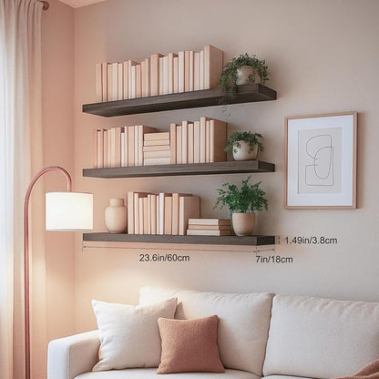Floating Shelves for Wall, Bathroom Shelves Over Toilet, Wall Shelves & Book Shelf for Room, Hanging Shelf, Modern Wooden Mounted Floating Shelves, 24x7x1.5 in (Smoke Gray, Set of 3)