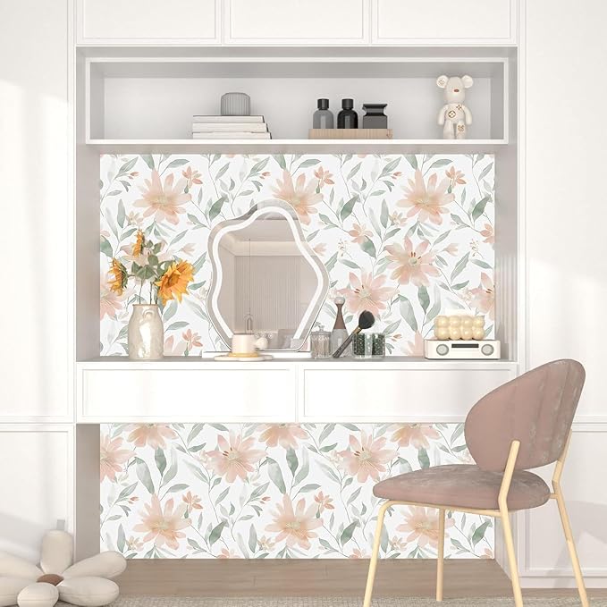 Vintage Floral Wallpaper Peel and Stick Pink Flowers Contact Paper 17.5'' x 393'' Green leaf Wallpaper Vinyl Waterproof Self Adhesive Boho Leaves Modern Wall Paper for Bedroom Cabinet Countertop Decor