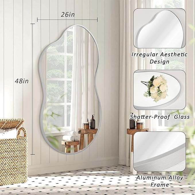 JJUUYOU Bathroom Wall Mirror Irregular Mirrors for Wall Large Metal Frame Hanging 26"x47" Vanity Wall Mounted Mirror for Living Room Bedroom Entryway Vanity Home Decor Silver