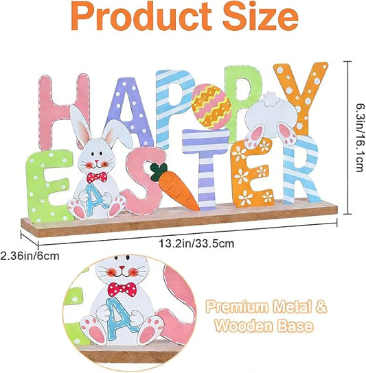 Easter Decorations, MEETYAMOR Wood Metal Happy Easter Sign for Table Decor, Farmhouse Rustic Easter Bunny Decorations for Home, Living Room, Mantel, Shelf