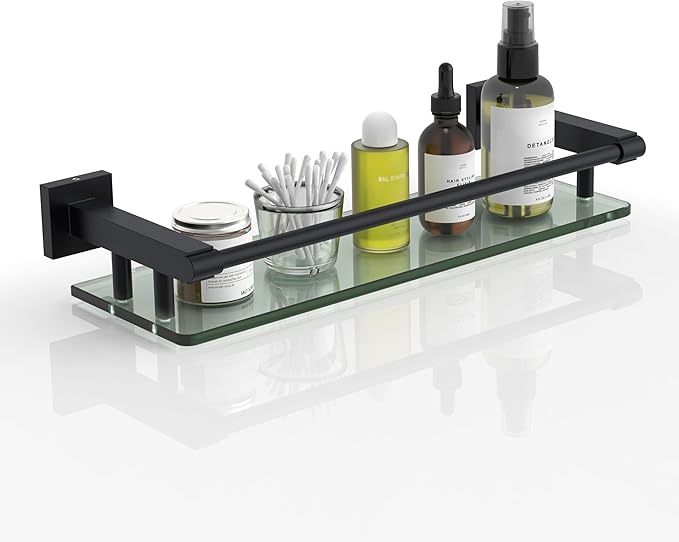 Glass Shelf 16IN for Bathroom Black Rectangular Stainless Steel Tempered Glass Modern Wall Mount Shelf Sink Over Toilet Bathroom Organizer (Matte Black, 16‘’)