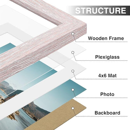 Vittanly 5x7 Picture Frames Set of 9, Shatter Resistant Plexiglass, Display 4x6 Pictures with Mat or 5x7 without Mat, Photo Frames for Wall or Tabletop, Engineered Wood, Rustic Pink