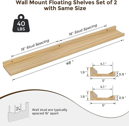 RICHFOCUS Floating Shelves for Wall, 48 inch Solid Wood Picture Ledge Shelf for Wall Storage, Nursery Book Shelves with Lip for Living Room Bathroom Bedroom Kitchen, Set of 2, Natural