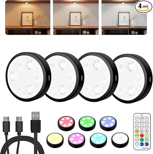 HOLKPOILOT Puck Lights with Remote, 2000mAh Battery Operated Rechargeable Under Cabinet Lighting, 3 Color Temps & 7 RGB Colors, Magnetic Closet Light, Black Wireless Puck Light for Kitchen, Shelf.