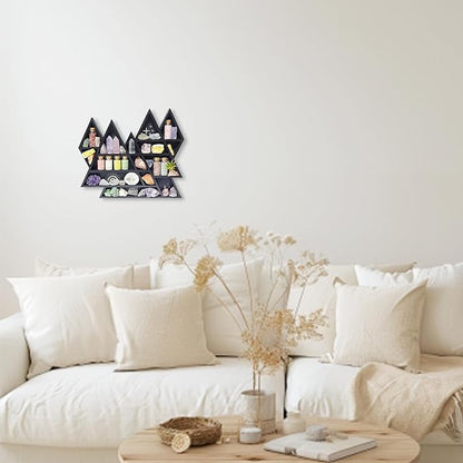 Mountain Crystal Shelf Display for Wall, Wooden Triangle Rock Gem Stone Storage Holder, Meditation Room Decor Spiritual Gift, Wall Hanging Organizer for Trinkets, Knick Knacks, Art Collections