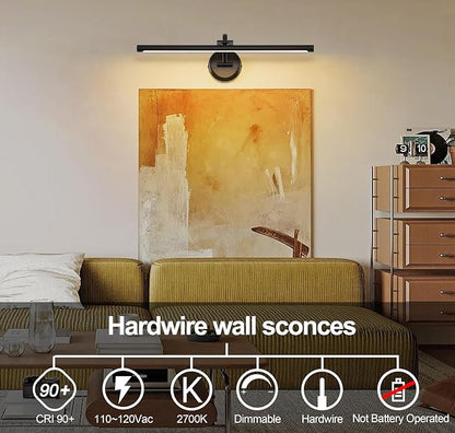 23.62 Inch Dimmable Lights For Pictures On Wall Hard Wired Gallery Light Modern Metal Artwork Wall Lamps, Warm White Picture Lights with Single Swing Arm Art Display Light For Paintings Portrait