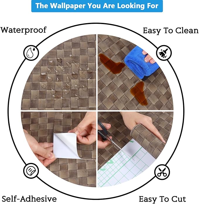 CRE8TIVE Tan Brown Rattan Peel and Stick Wallpaper Non-Textured Weaving Cane Wallpaper for Bedroom Bathroom Faux Woven Rattan Look Contact Paper Waterproof Vinyl for Cabinets Table Nightstand 12
