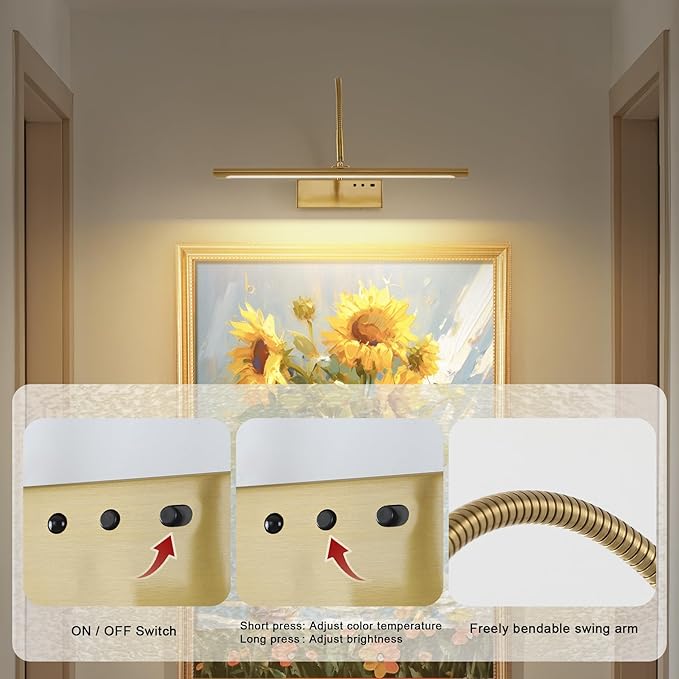 JOOSENLUX Wireless Picture Light with Remote Control - 16" Inch Brass Dimmable Art Light, Timer - Battery Operated - for Pictures, Display, Artwork, Gallery Wall