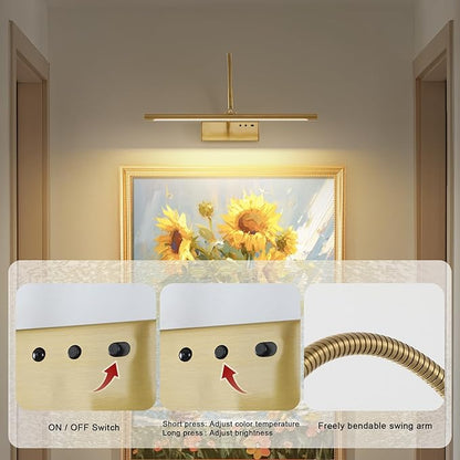 JOOSENLUX Wireless Picture Light with Remote Control - 16" Inch Brass Dimmable Art Light, Timer - Battery Operated - for Pictures, Display, Artwork, Gallery Wall