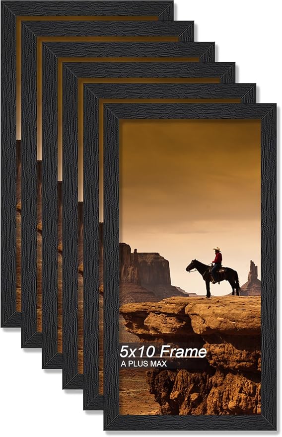 A PLUS MAX 5x10 Picture Frame Set of 6, Black Engineered Wood Frame for 5 x 10 Inch Picture Poster Photo, Light Weight 5 by 10 Frame with Wood-grain for Wall - 6 Pack/Black/5"x10"