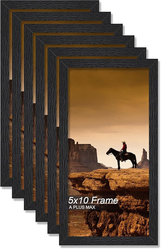 A PLUS MAX 5x10 Picture Frame Set of 6, Black Engineered Wood Frame for 5 x 10 Inch Picture Poster Photo, Light Weight 5 by 10 Frame with Wood-grain for Wall - 6 Pack/Black/5"x10"