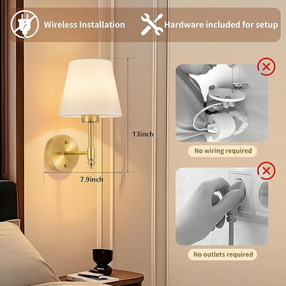Battery Operated Wall Sconce Set of 2, Rechargeable Wireless Wall Lights with fabric Lampshade, 5000mAh Dimmable Bulbs with Remote,15 Colors Wireless Wall Lamps for Bedroom Living Room Hallway Decor