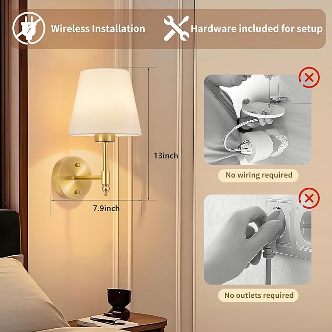Battery Operated Wall Sconce Set of 2, Rechargeable Wireless Wall Lights with fabric Lampshade, 5000mAh Dimmable Bulbs with Remote,15 Colors Wireless Wall Lamps for Bedroom Living Room Hallway Decor