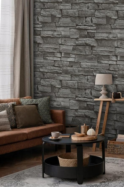 Abyssaly Dark Grey Stone Brick Wallpaper Peel and Stick Backsplash Self-Adhesive Removable Contact Paper Stick on Wall Panels Faux 3D Stone Look Brick Shelf Paper Home Decorations 17.71" X 393.7"