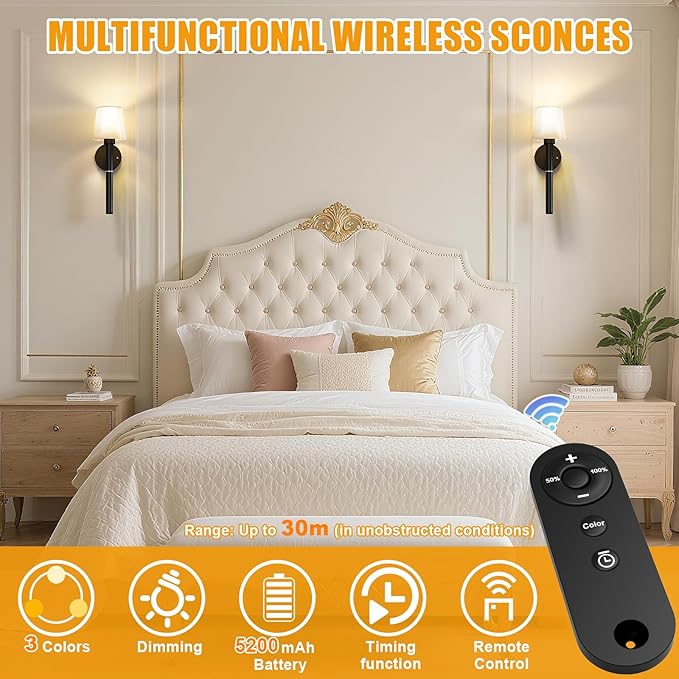 Magnetic & Detachable Wireless Wall Sconces (Black) - 5200mAh Rechargeable Battery Bar for Staircase, Bedroom, Lounge
