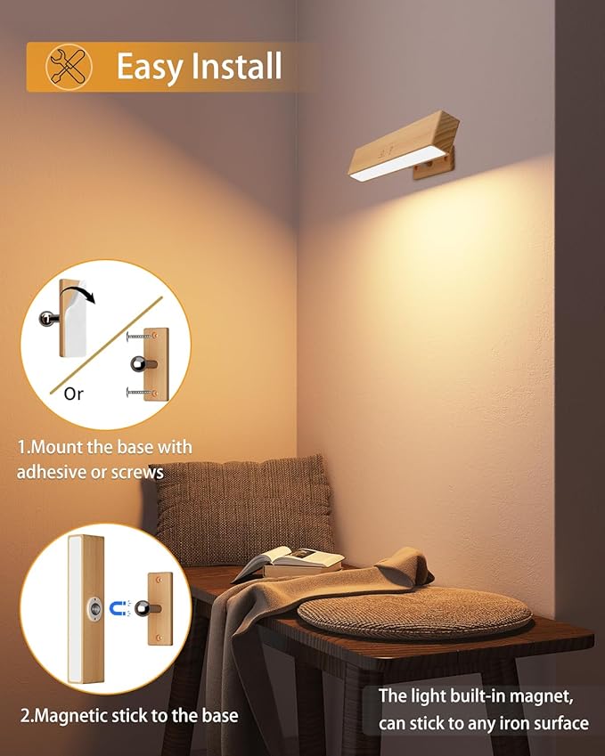 Rechargeable Wood Wall Lights (2 Pack) with Remote & Touch, 5200mAh Battery Operated Wall Sconce with 3 Color Temperatures & RGB. Magnetic, Stick-On, Dimmable Wall Reading Lamp for Bedroom, Picture