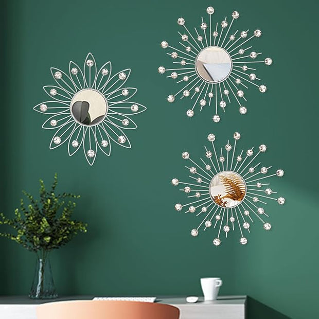 Uaussi 3 Pack Crystal Sunburst Wall Mirror Décor Rhinestone Mirrors Decorative Home Wall Art for Living Room Bedroom Entryway(Flower+Sunburst Silver)