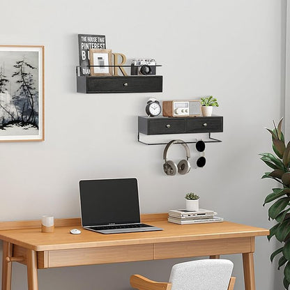 Floating Shelves - Wall Mounted Bathroom Shelf Set of 2 with Drawers, Rustic Wood Shelves for Bedroom, Living Room, Kitchen, Home Decor, Plants, Books (Black)