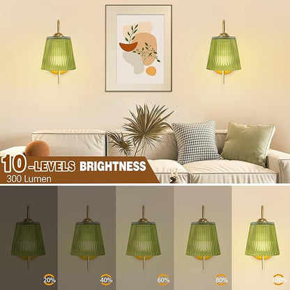 Vintage Battery Wall Sconce with Flower lampshade,Rechargeable Battery Powered Wall Lights,Wall lamp with 15 Colors for Bedroom Living Room Home Decor (Green Stripe, 2 Light Battery Operated)