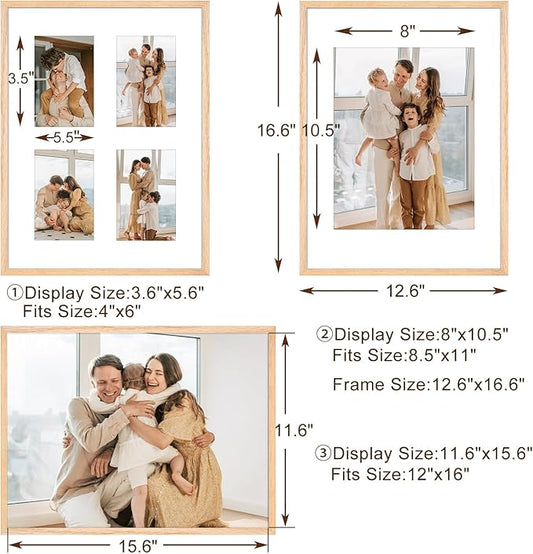 12x16 Picture Frame,OAK Wood Photo Frame 8.5x11 with Mat or 4x6 with 4 Mat with Perspex Glass for Vertical or Horizontal Wall Display for Photo, Christmas Gift,Set of 3