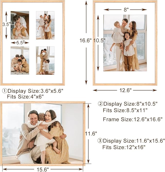 ATOBART 12x16 Picture Frame,OAK Wood Photo Frame 8.5x11 with Mat or 4x6 with 4 Mat with Perspex Glass for Vertical or Horizontal Wall Display for Photo, Christmas Gift,Set of 2