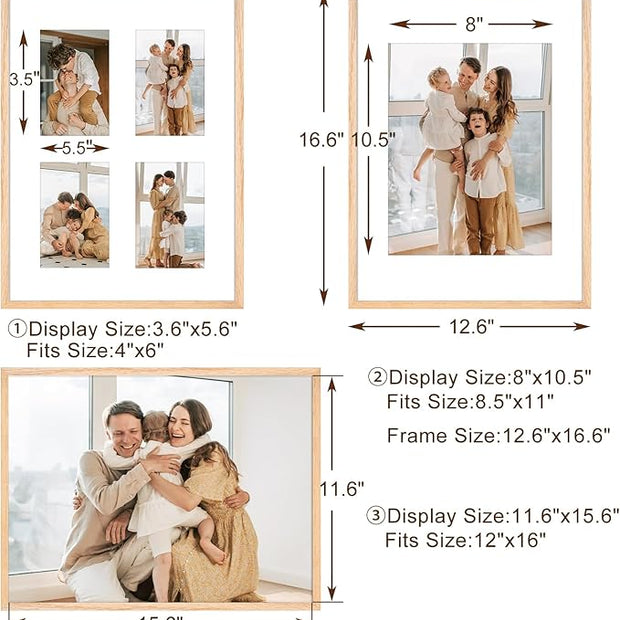 ATOBART 12x16 Picture Frame,OAK Wood Photo Frame 8.5x11 with Mat or 4x6 with 4 Mat with Perspex Glass for Vertical or Horizontal Wall Display for Photo, Christmas Gift,Set of 2