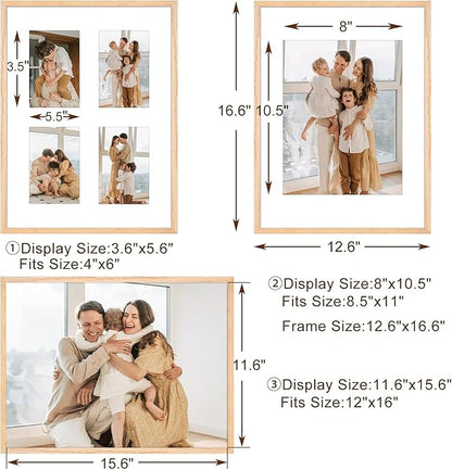 12x16 Picture Frame,OAK Wood Photo Frame 8.5x11 with Mat or 4x6 with 4 Mat with Perspex Glass for Vertical or Horizontal Wall Display for Photo, Christmas Gift,Set of 4