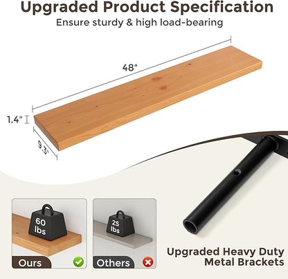 Axeman 48 Inch Floating Shelves for Wall, 9.3" Deep High End Solid Real Wood Wall Shelves with Heavy Duty Invisible Bracket for Living Room, Bedroom, Kitchen, Bathroom, Set of 1, Natural