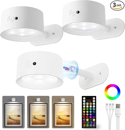 Picture Lights for Wall, 2000mAh Rechargeable Magnetic Art Lights with 3 Color Temps & RGB, Remote Dimmable Battery Operated Wall Light for Bedroom, Living Room, Gallery (White, 3 Pack)