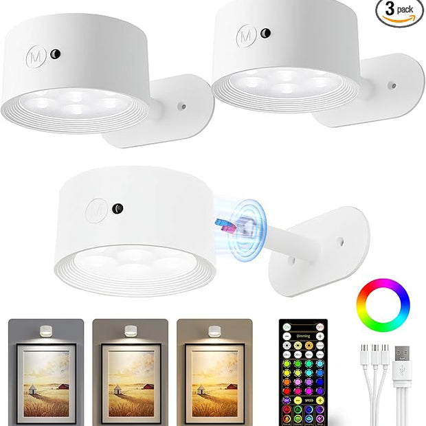 Picture Lights for Wall, 2000mAh Rechargeable Magnetic Art Lights with 3 Color Temps & RGB, Remote Dimmable Battery Operated Wall Light for Bedroom, Living Room, Gallery (White, 3 Pack)