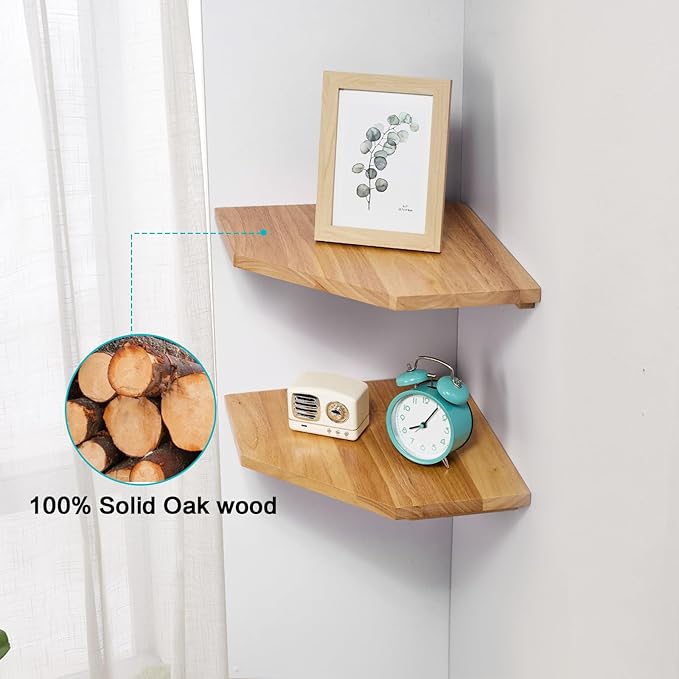 Corner Wall Shelves, Corner Floating Shelves Set of 2 Solid Oak Wood Display Shelf with Wire Hole Small Plant for Kitchen Living Room Natural