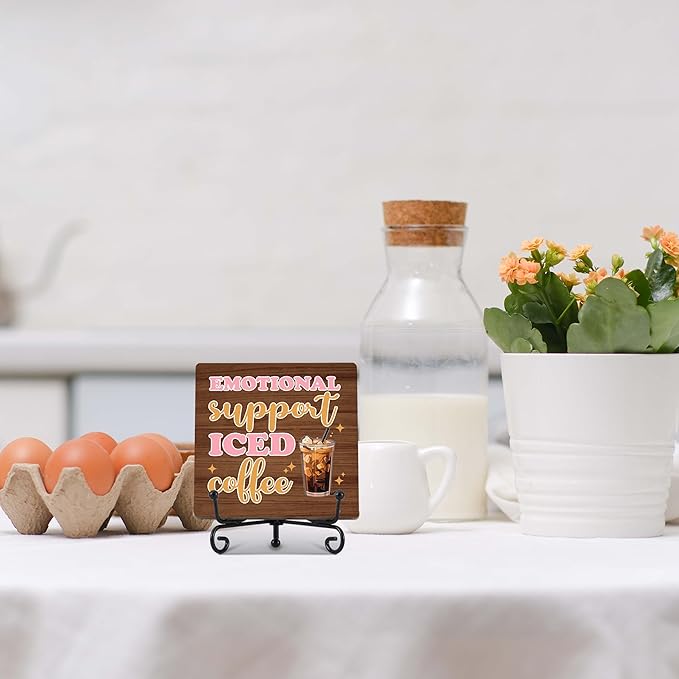Coffee Bar Decor, Farmhouse Kitchen Table Decor, Coffee Station Accessories, Wooden Decorative Sign with Iron Stand for Table Desk Shelf Display-E30
