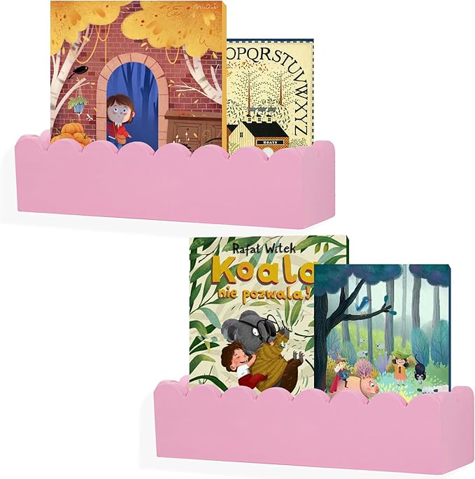 Wood Floating Shelves for Wall,Nursery Bookshelf,Kids Book Shelf,Baby Toys Storage Decor Organizer Wall Mounted for Living Room Bedroom,Wavy Edge,Preassembled,2 Pack,Scalloped Pine(Pink)
