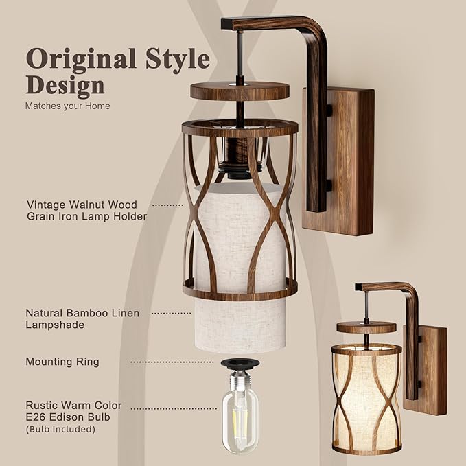 N10-1 Farmhouse Wall Sconces Dimmable Hanging Plug in Wall Lamp Linen Lampshade Metal Base Rustic Hardwired Wall Lighting Sconce Lights for Bedroom Bedside Living Room (Bulb Included)