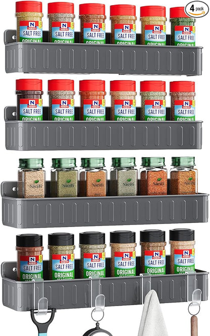 Nieifi Spice Rack Wall Mount, Spice Organizer for Spice Jars, Screw or Adhesive Hanging Spice Rack Organizer for Your Kitchen Cabinet or Pantry Door,4 Pack (Grey)