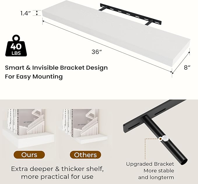 Dreamland 36 Inch Long Floating Shelves in White,8 Inch Deep Floating Shelf for Wall,Large Display & Storage Shelf, Wall Shelf for Bathroom Bedroom Living Room Kitchen Office，Set of 2