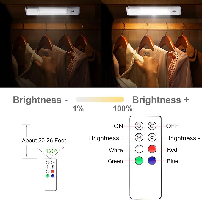 BIGMONAT Under Cabinet Lights with 4 Color Changing,Remote Bar Light Battery |Stick on Counter Shelf Closet Light with Brightness Dimmable and Timer Indoor for Cabinet Closet Kitchen Stair