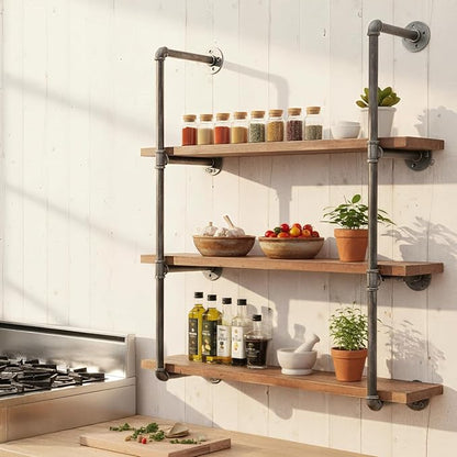 Industrial Wall Mounted Iron Floating Pipe Shelves/Shelving/Racks/Storage/Bookcases/Brackets, DIY Open Bookshelves, Retro Black (4-Tier Shelf Brackets with 3 Boards)