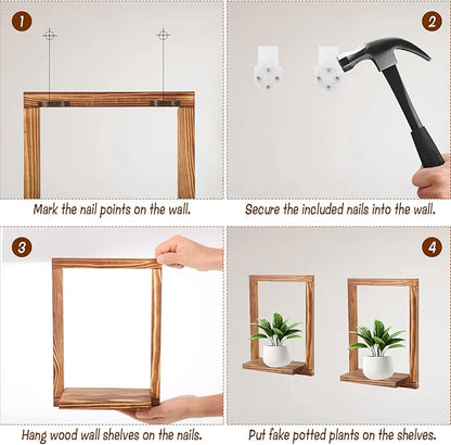 2 Pack Wooden Shelves, Farmhouse Wall Decor, Rustic Wooden Framed Wall Art for Living Room, Bathroom, Bedroom - Modern Decorative Shelf for Plants & Photos