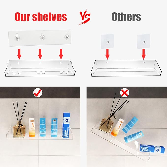 Acrylic Shelves Bathroom 2 Pack Clear Shower Floating Shelf with Hooks Transparent Wall Mounted No Drilling Thick Storage Display Shelving (2 Pcs Shelves)