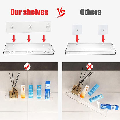 Acrylic Shelves Bathroom 2 Pack Clear Shower Floating Shelf with Hooks Transparent Wall Mounted No Drilling Thick Storage Display Shelving (2 Pcs Shelves)